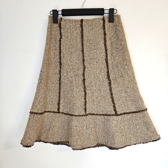 Vintage Ann Taylor LOFT Silk Wool Tan Brown Herringbone Tweed A-Line Skirt 4P - Picture 1 of 7